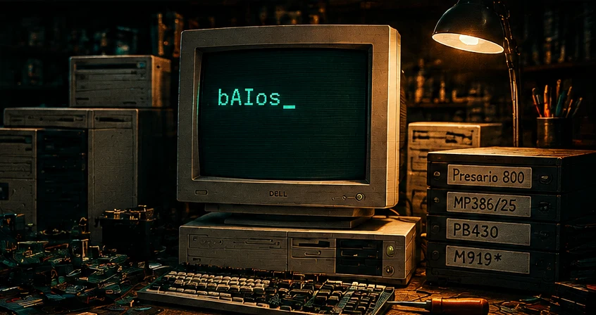 Illustrative retro workbench with a CRT displaying the bAIos project name. This is not a screenshot of the firmware.
